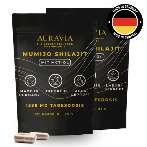 Lot de 2 capsules de Shilajit 196G Original avec huile MCT - Shilajit 2 X 120pièces Ultra Haute Dose en sac - AURAVIA® Végan - Shilajit rempli et testé en laboratoire en Allemagne - Fait en Allemagne