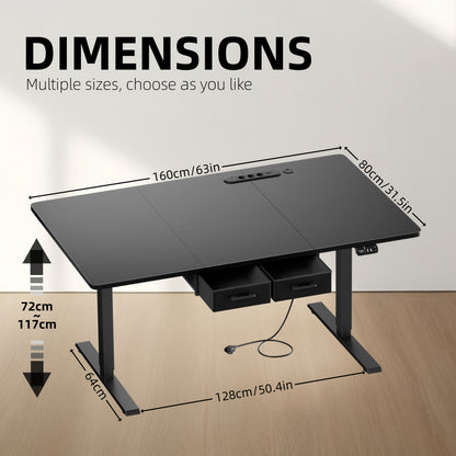 Bureau Électrique Réglable en Hauteur avec 2 Tiroirs, Prises Intégrées sur le Plateau Ergonomique - Solution Polyvalente pour Bureau à Domicile, Adultes