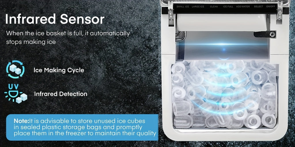 Machine à glaçons de comptoir compacte, produit 9 glaçons en 5 minutes (rendement quotidien de 14 kg) avec 2 tailles de glaçons en forme de balle. Inclut une pelle à glace et un panier, autonettoyante, idéale pour la maison, la cuisine, le bureau ou les f
