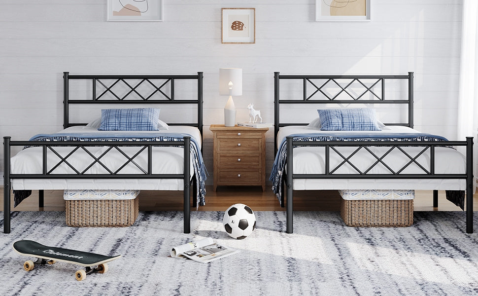 Costoffs Cadre de Lit en Métal Moderne - Structure à 6 Pieds avec Tête de Lit Design en Forme X - Sommier à Lattes Métalliques et Grand Espace de Rangement Sous-lit - Idéal pour Chambre d'Invite, Dortoir ou Appoint - Style Industriel Élégant