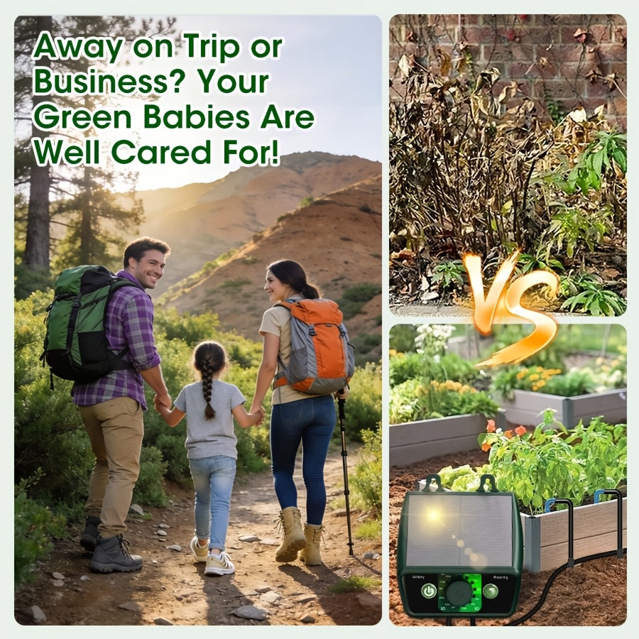 Kit pour système d'irrigation goutte à goutte automatique alimenté par énergie solaire, comprenant un équipement solaire de 1,1 W pour le jardinage extérieur et intérieur. Il comprend 12 modes de temporisation et est idéal pour les jardins, les serres et