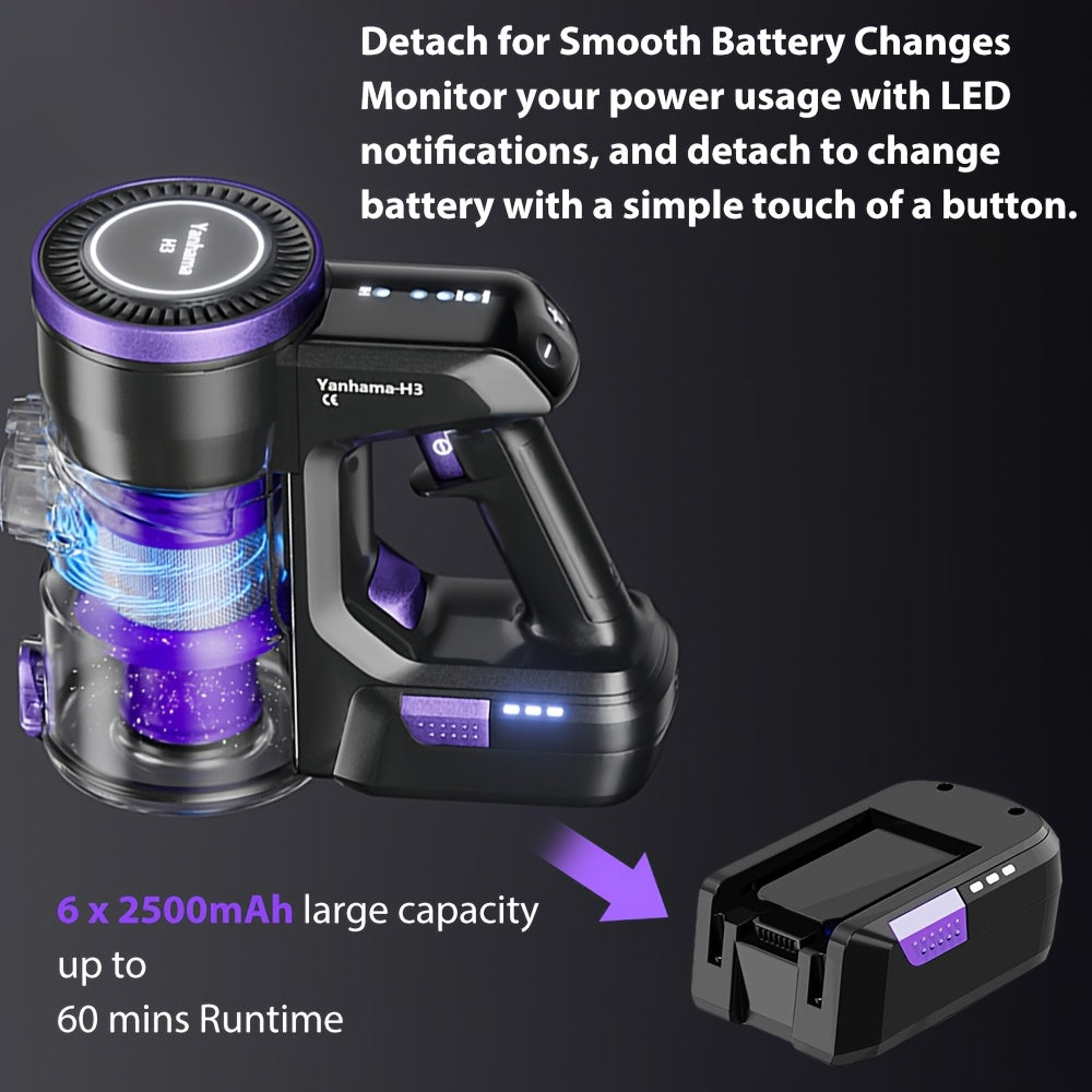 Yanhama Aspirateur sans fil / 70000PA / Aspirateur sans fil 6-en-1 / avec brosse anti-enchevêtrement / Autonomie de 60 minutes / Aspirateur 1,5L / Aspirateur sans fil avec écran LED / Aspirateur à main pour poils d'animaux, sols durs et tapis