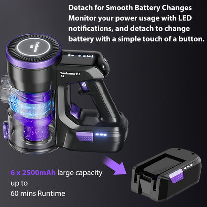 Yanhama Aspirateur sans fil / 70000PA / Aspirateur sans fil 6-en-1 / avec brosse anti-enchevêtrement / Autonomie de 60 minutes / Aspirateur 1,5L / Aspirateur sans fil avec écran LED / Aspirateur à main pour poils d'animaux, sols durs et tapis