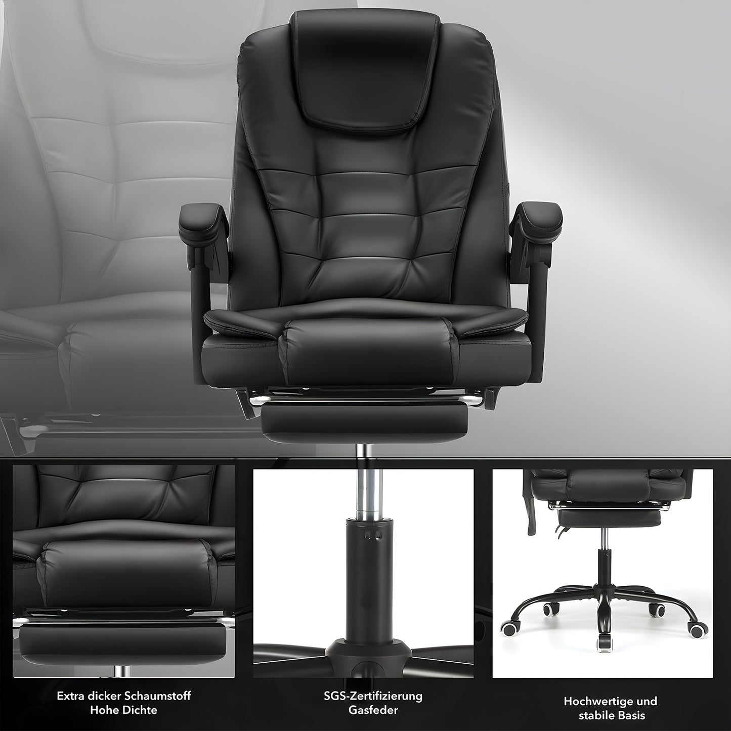 Chaise de bureau exécutive avec repose-pieds et support lombaire, chaise ergonomique inclinable pour ordinateur, dossier réglable, robuste, pivotante à 360° pour bureau à domicile (Noir)