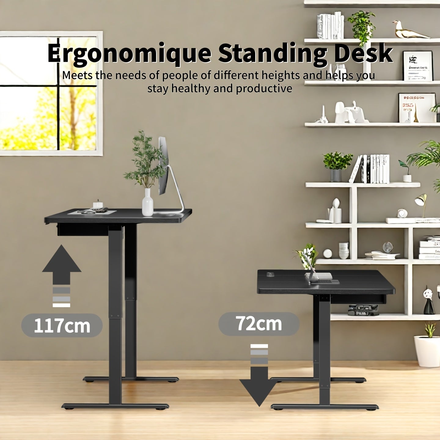 Bureau Électrique Réglable en Hauteur avec 2 Tiroirs, Prises Intégrées sur le Plateau Ergonomique - Solution Polyvalente pour Bureau à Domicile, Adultes
