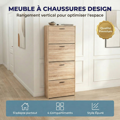 Meuble à chaussures avec 4 compartiments à rabat, armoire à chaussures en bois pour jusqu'à 24 paires, organisateur d'entrée peu encombrant
