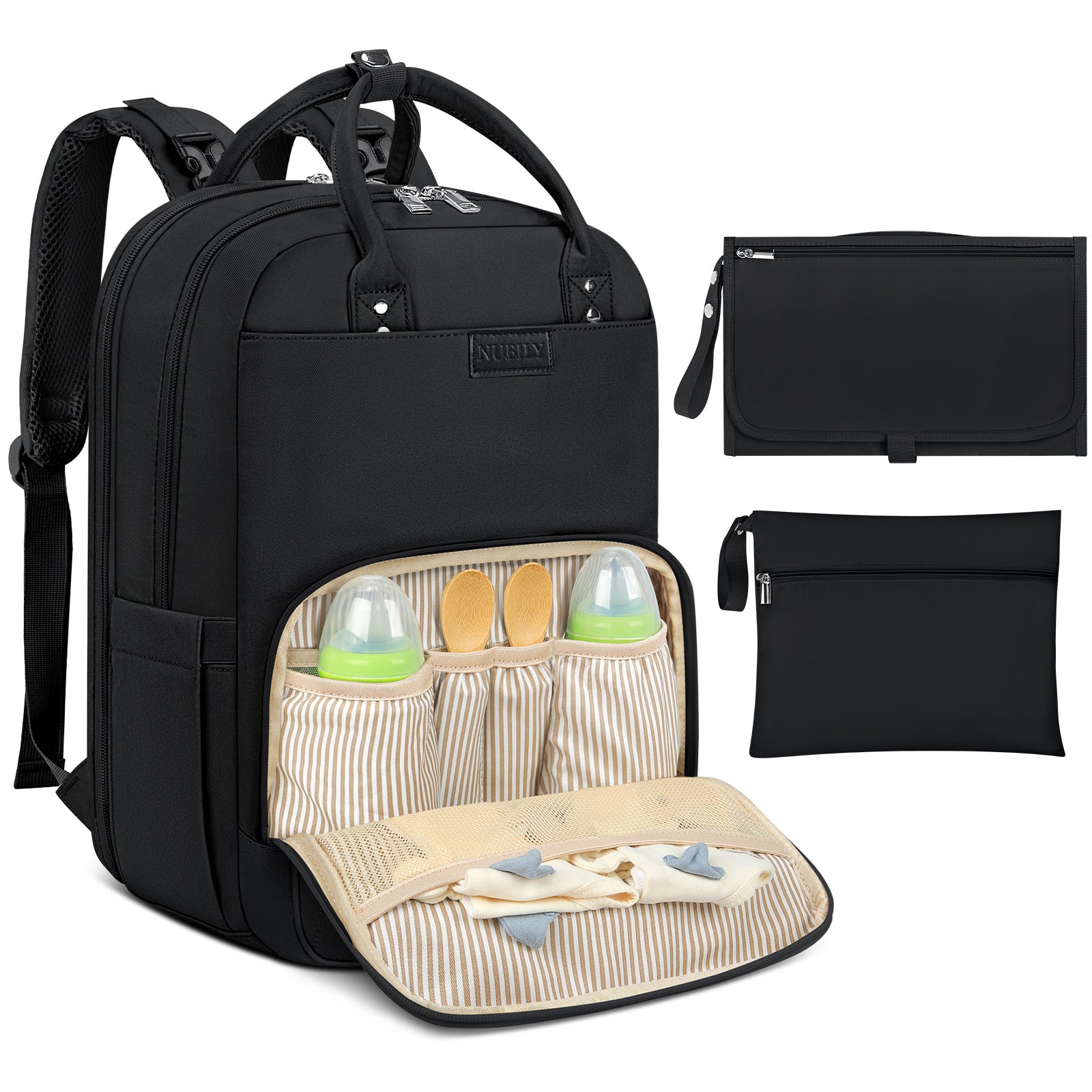 IGOLUMON Sac à Dos de Change Grand Sac de Change avec Sangles de Poussette et Tapis de Change Portable Sac à Couches Noir