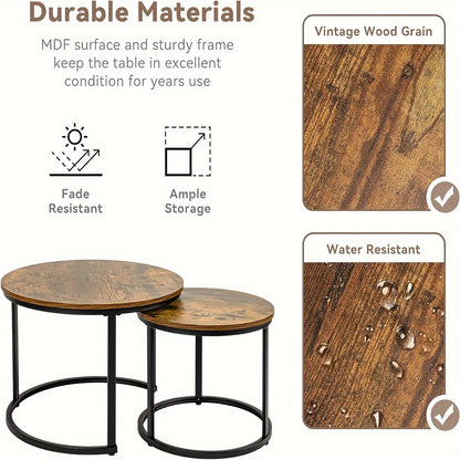 Ensemble de 2 tables gigognes rondes modernes avec cadre et plateau en placage stratifié - Gain de place, convient pour tables basses de salon, chambre, balcon, meubles rétro à assembler pour petits espaces (assemblage requis)
