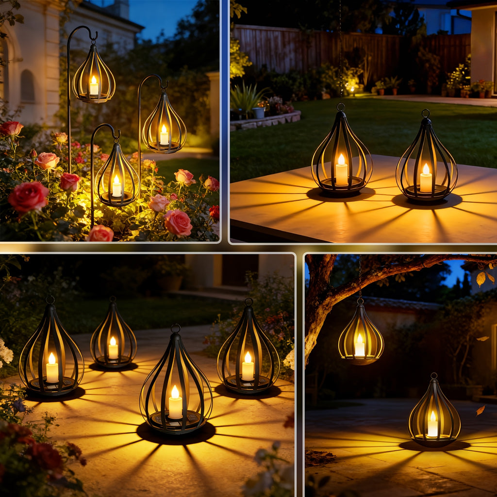 Lanternes suspendues solaires, lampes style bougie avec effet de clignotement LED, adaptées aux tables à manger, jardins, pelouses et décorations de fêtes en plein air, 1/2/4 pièces