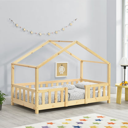 Lit pour enfants Treviolo de style maison avec protection contre les chutes en bois de pin