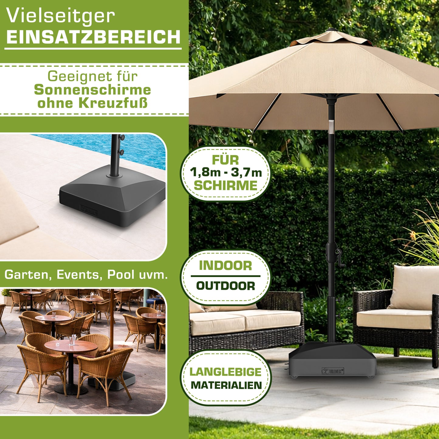 Tillvex® Support de Parasol GRAVIA avec Roues et Freins | Support de Parasol Remplissable 37 Litres / 56 kg | Adapté aux Parasols de Soleil et de Marché Ø 1,8-3,7 m | Roulable, Résistant aux Intempéries et aux UV pour Balcon, Terrasse, Jardin, Petits et G