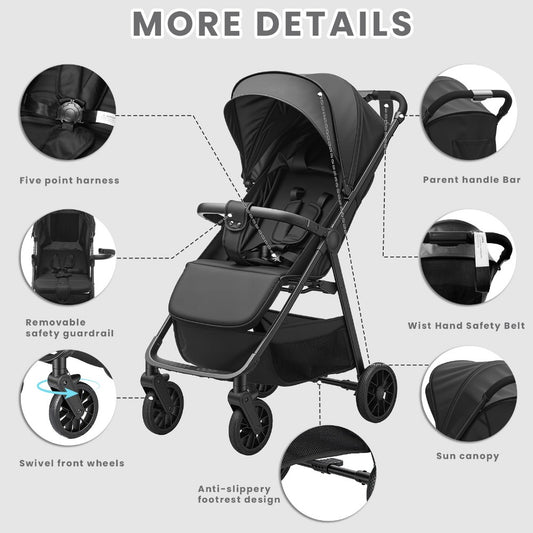 Poussette Bébé, Landau, Poussette pour Tout-Petits avec Siège Inclinable, Poussette Ultra-Compacte avec Grand Panier de Rangement, Auvent, pour Poussette de Voyage