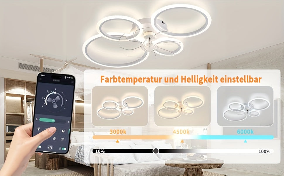 Plafonnier Ventilateur Moderne LED 6 Vitesses Dimmable avec Ventilateur, Luminaire de Plafond Dimmable à Température Variable avec Ventilateur, Idéal pour Chambre, Salon, Salle à Manger