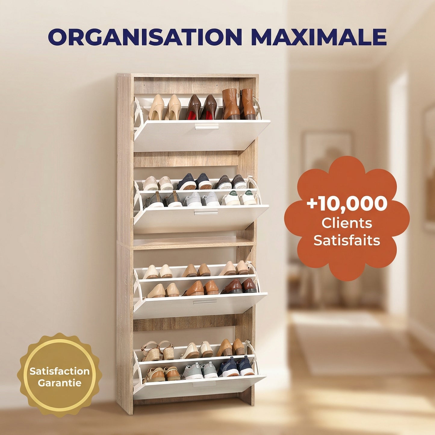 Meuble à chaussures avec 4 compartiments à rabat, armoire à chaussures en bois pour jusqu'à 24 paires, organisateur d'entrée peu encombrant