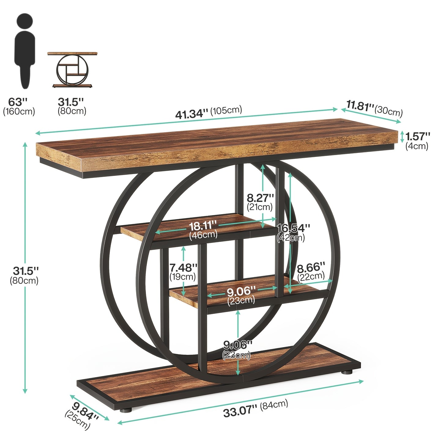 Table Console Moderne à 4 Niveaux avec Base Circulaire, Table d'Entrée Étroite en Bois avec Étagères de Rangement pour Salon, Couloir, Entrée