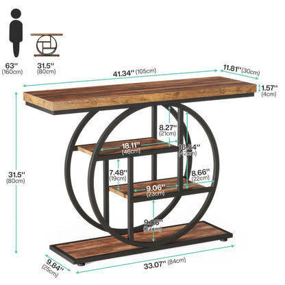 Table Console Moderne à 4 Niveaux avec Base Circulaire, Table d'Entrée Étroite en Bois avec Étagères de Rangement pour Salon, Couloir, Entrée