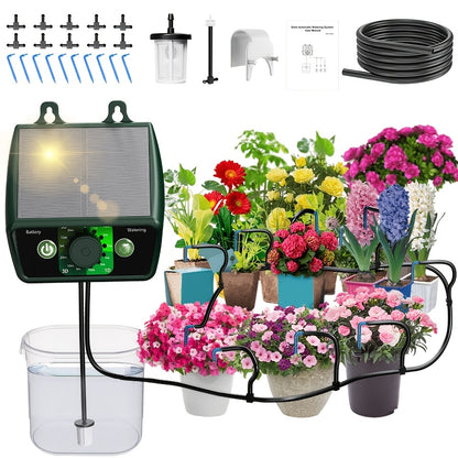 Kit pour système d'irrigation goutte à goutte automatique alimenté par énergie solaire, comprenant un équipement solaire de 1,1 W pour le jardinage extérieur et intérieur. Il comprend 12 modes de temporisation et est idéal pour les jardins, les serres et