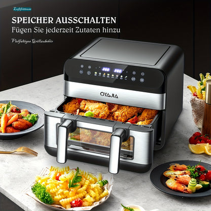 Friteuse à air 10/11L avec deux paniers flexibles, écran tactile numérique, 8 modes de cuisson, température réglable, fenêtre de visualisation, lavable au lave-vaisselle et technologie de cuisson saine pour les familles et la préparation des repas
