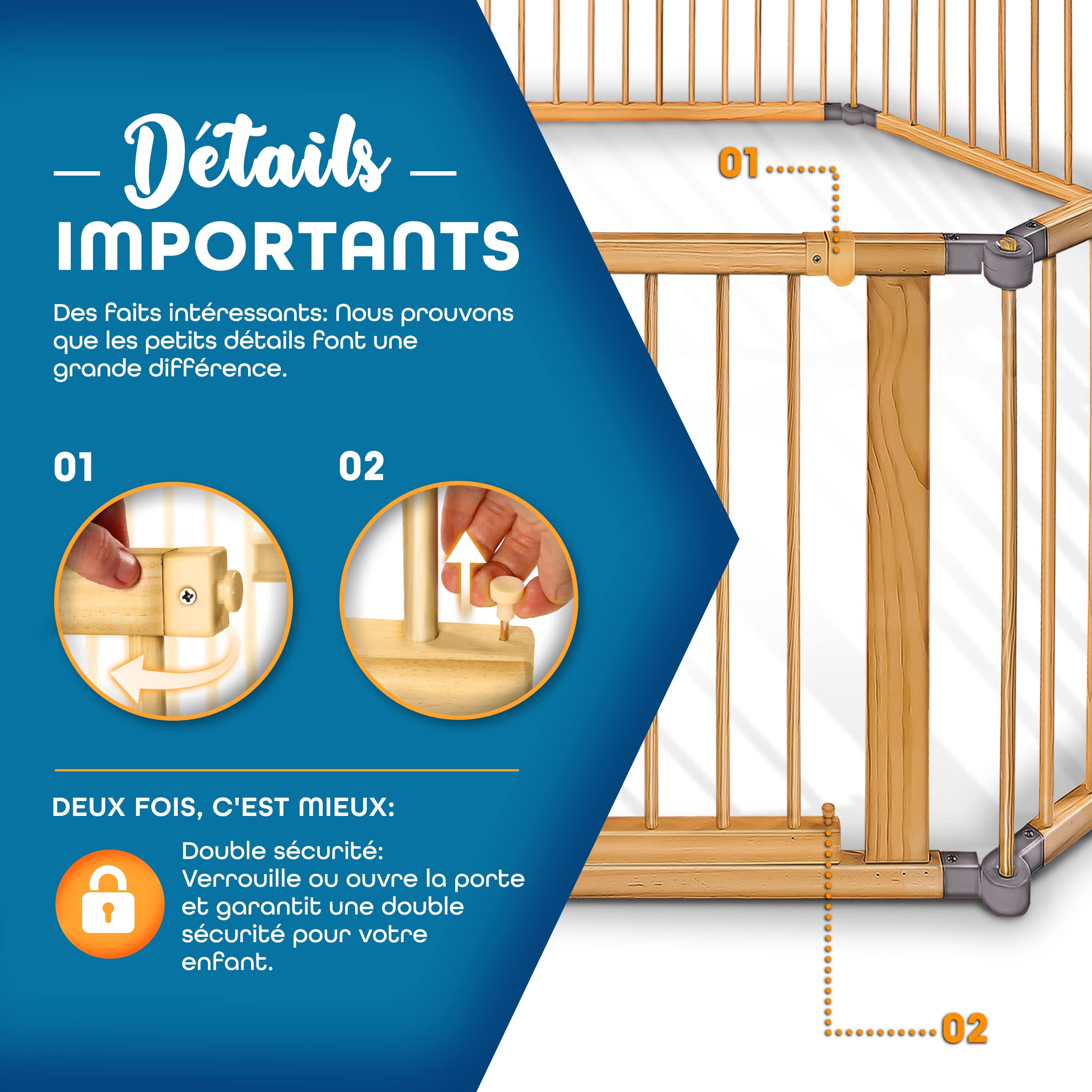 KIDUKU® Parc bébé pliable XXL de 7,2 mètres avec porte | Parc en bois avec double sécurité | Parc pliable pour enfants avec 8 éléments