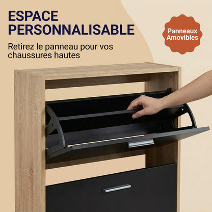 Meuble à chaussures avec 3 compartiments à abattant, armoire de rangement en bois pour jusqu'à 18 paires, organisateur d'entrée peu encombrant