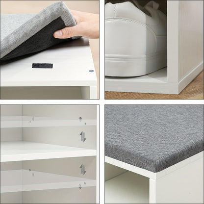 Meuble à chaussures avec banc, 10 compartiments, banquettes rembourrées, armoire murale avec 9 crochets, et meuble à chaussures idéal pour les couloirs, les entrées et les chambres à coucher, couleur blanc
