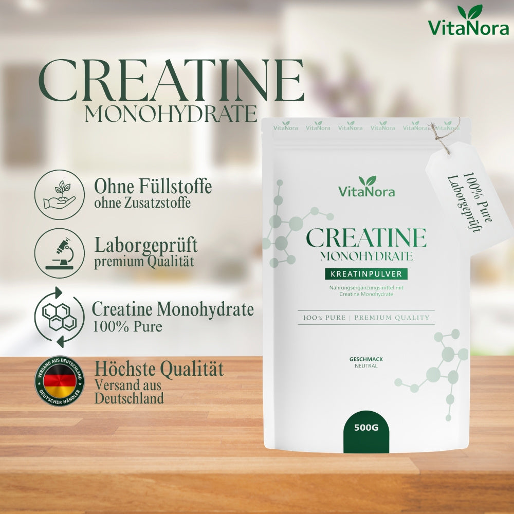 Creatine Monohydrate en Poudre 500G - Pack en Vrac avec Environ 100 Rations à 5G - Micronisé (Maille 200) - La Créatine Augmente la Performance Physique Lors d'Exercices de Haute Intensité de Courte Durée - Végan, Pur et Sans Additifs.