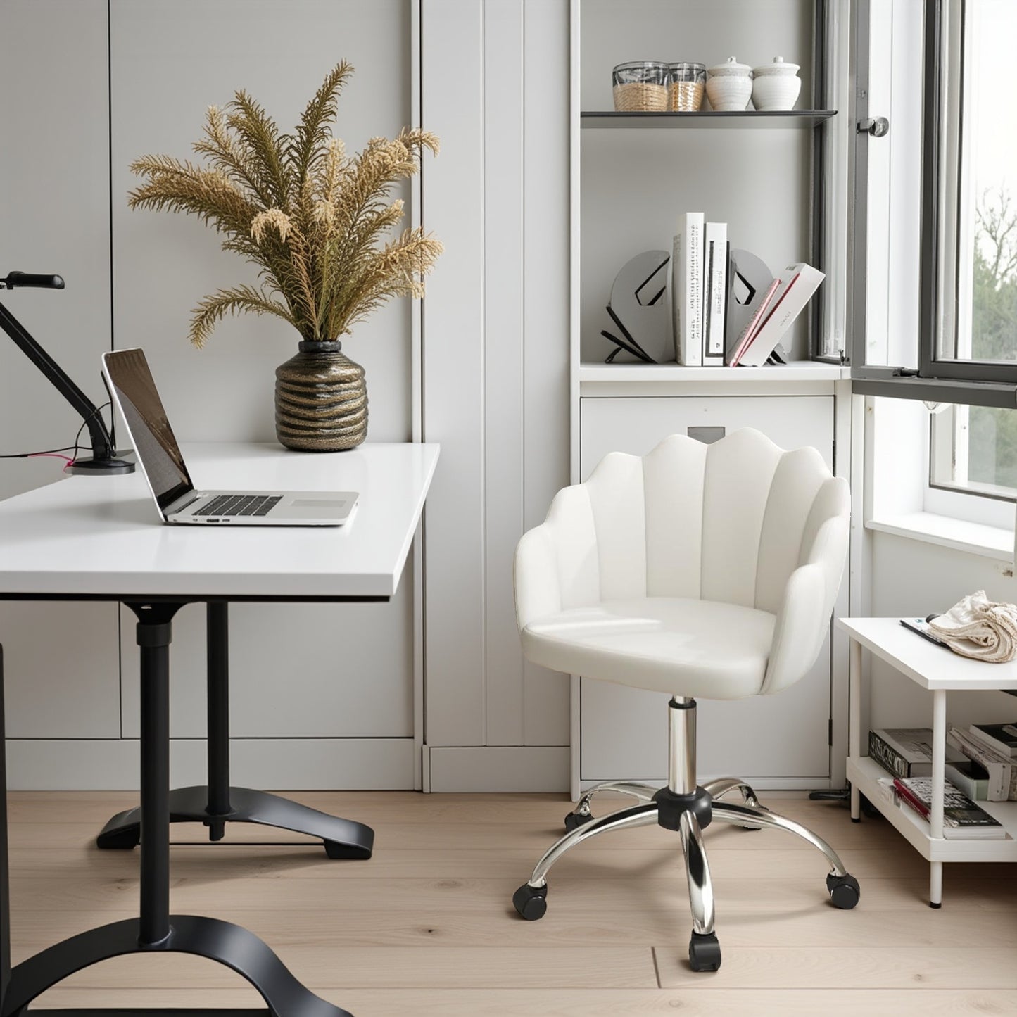 1pc Chaise de Bureau Maison, Chaise de Bureau, Chaise de Cosmétique, Chaise en Velours avec Dossier en Forme de Pétale - Confortable et Belle, Chaise Pivotante avec Roulettes, Hauteur de Chaise Réglable, Base en Métal, Facile à Assembler