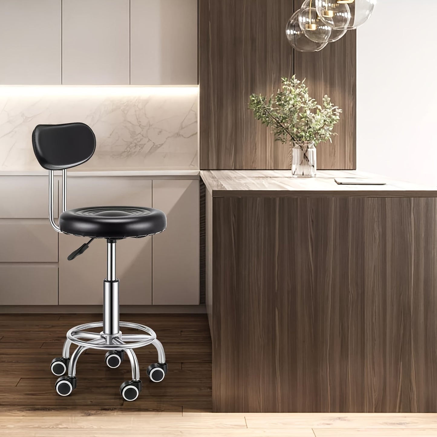 Tabouret de bar pivotant à hauteur réglable avec dossier, chaise métallique roulante hydraulique robuste de 181,44 kg pour cuisine, salon, bureau, massage et clinique