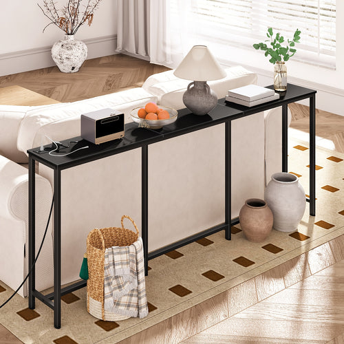Table Console Moderne Industrielle Étroite avec Station de Chargement et Ports USB - Bois Ingénierie Robuste et Métal, Idéale pour Entrée, Salon, Table de Canapé, Bureau de Chargement USB pour Hall, Couloirs, Entrées