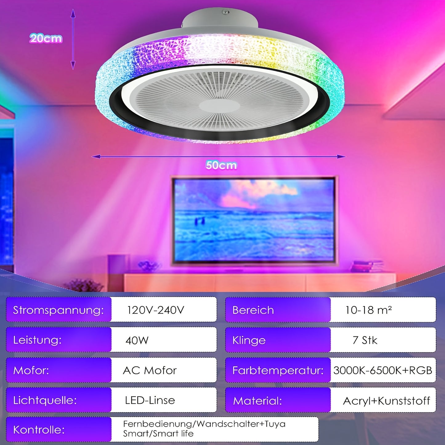 Plafonnier LED, Ventilateur de Plafond LED Intelligent Moderne 50W pour déplacements et salon – vue détaillée 2