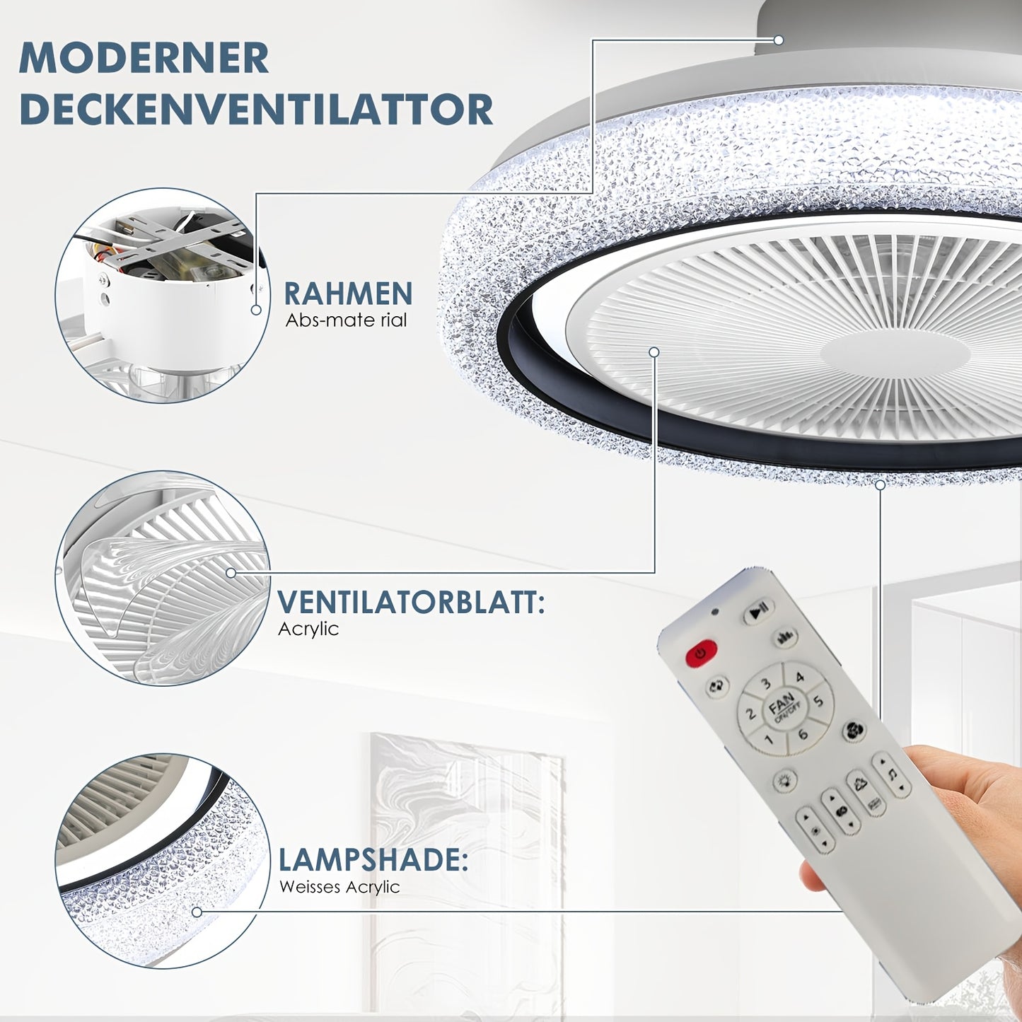 Plafonnier LED, Ventilateur de Plafond LED Intelligent Moderne 50W pour déplacements et salon – vue détaillée 9