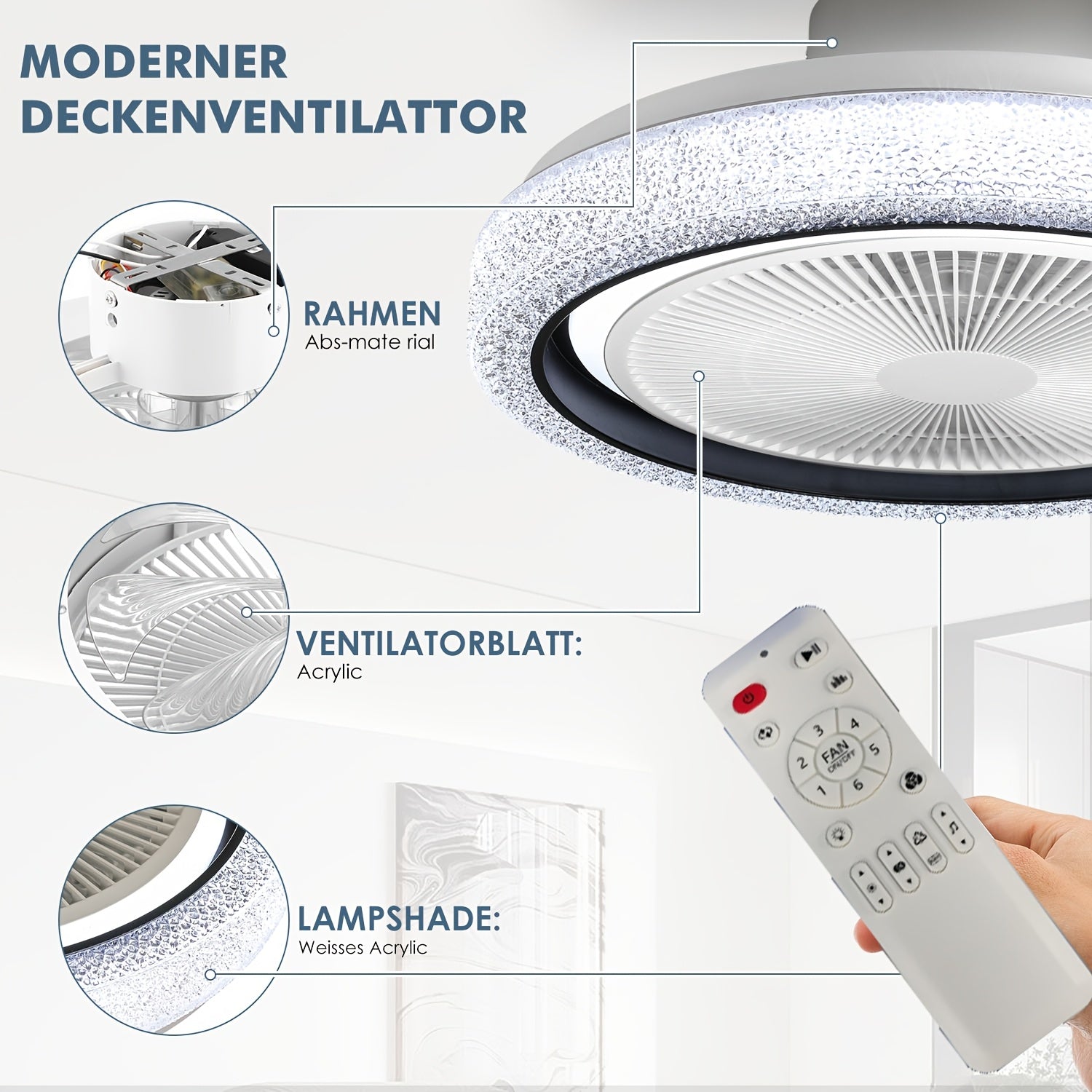 Plafonnier LED, Ventilateur de Plafond LED Intelligent Moderne 50W pour déplacements et salon – vue détaillée 9