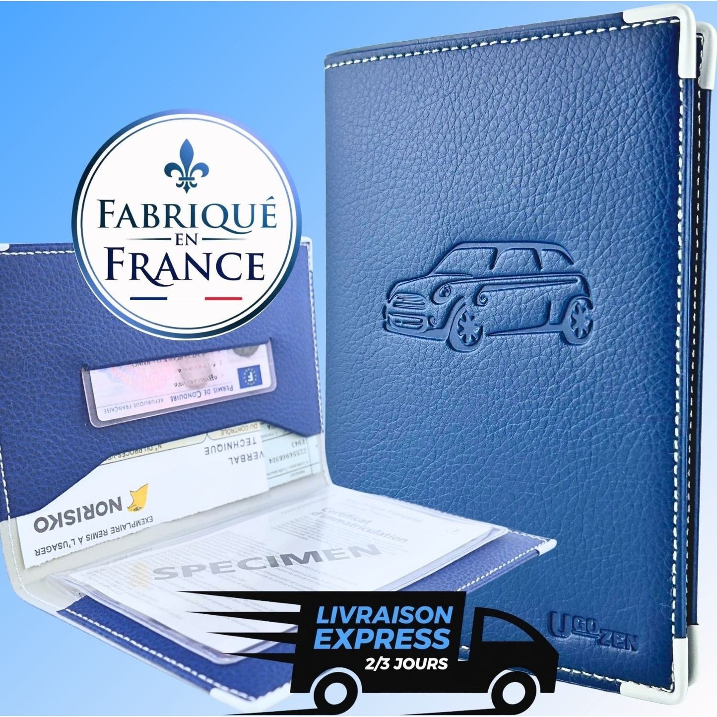 Pochette carte grise simili cuir, BLEU pour véhicule et déplacements – vue détaillée 9