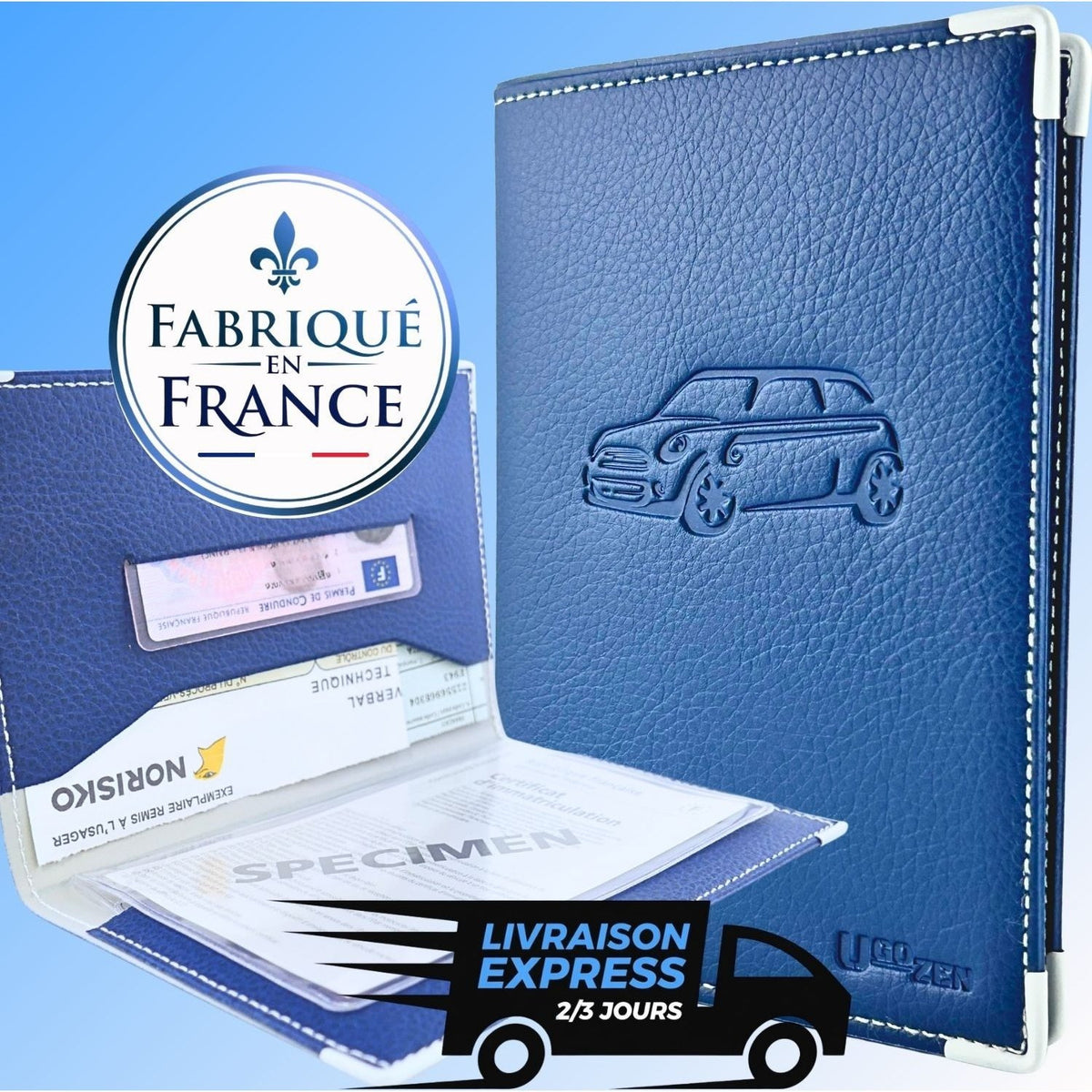 Pochette carte grise simili cuir, BLEU pour véhicule et déplacements – vue détaillée 9