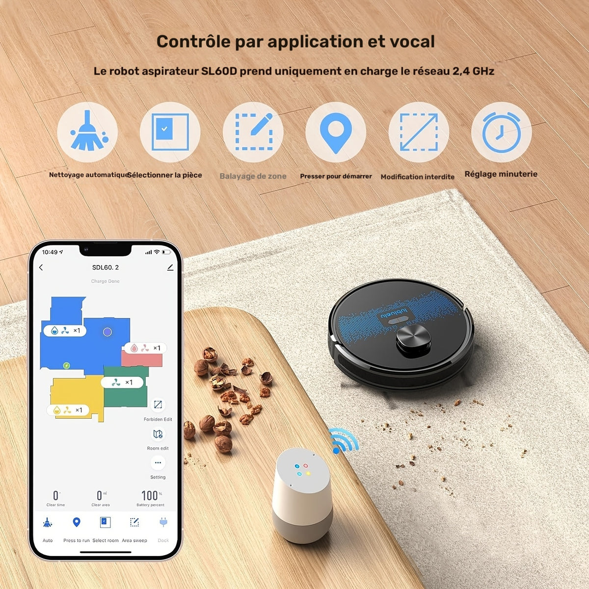 Robot aspirateur laveur, 24 Zones Interdites pour Poils d'Animaux pour nettoyage domestique et cuisine – vue détaillée 3