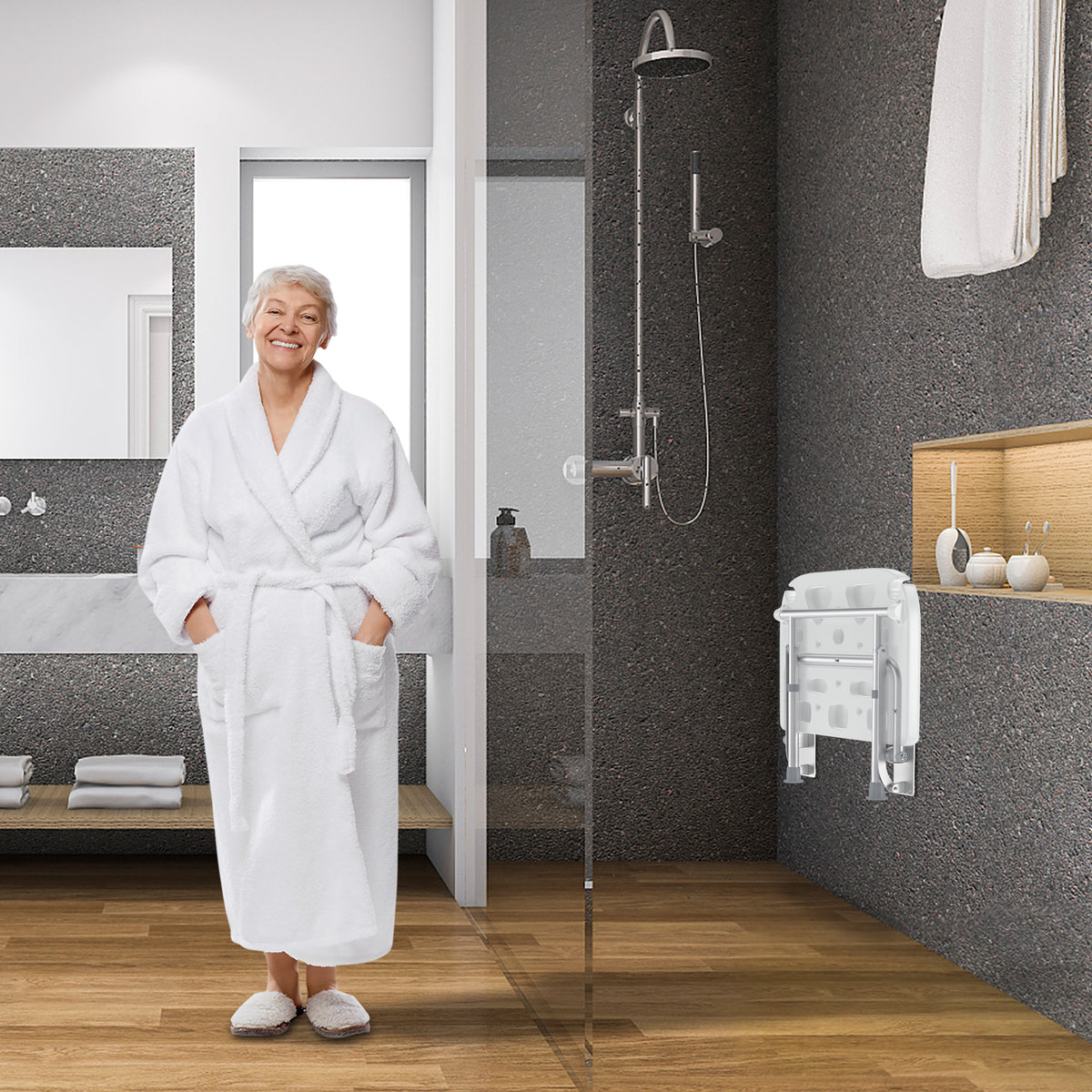 Siège de douche mural pliable, réglable pour quotidien et maison – vue détaillée 7