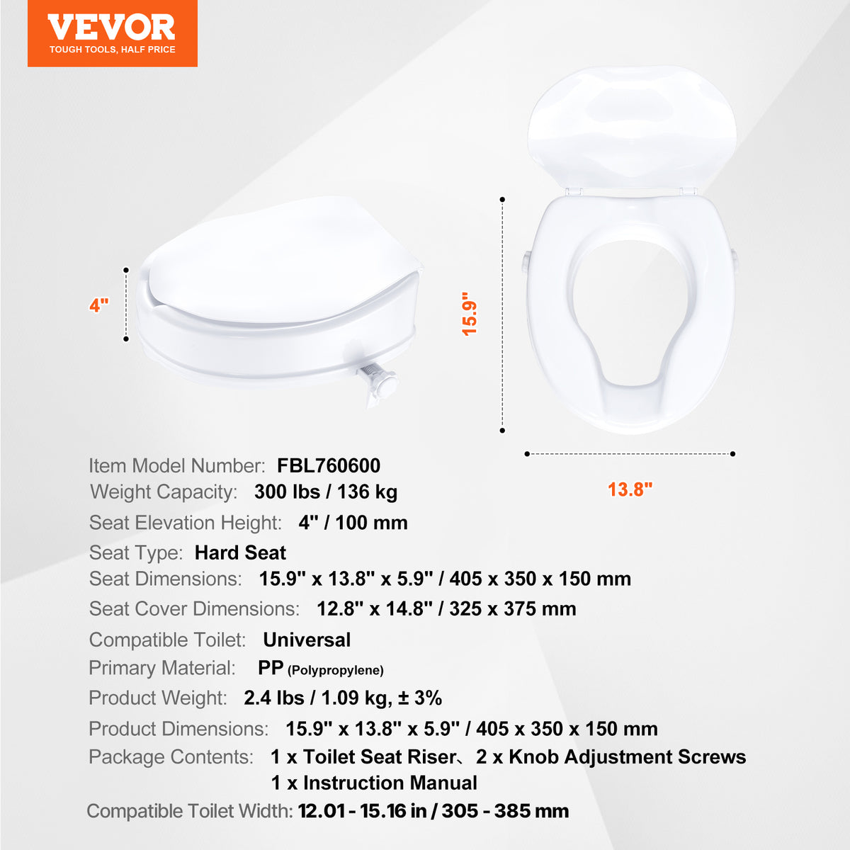 Siège de Toilette Élevé VEVOR, 300 lbs pour Personnes Âgées et quotidien – vue détaillée 4