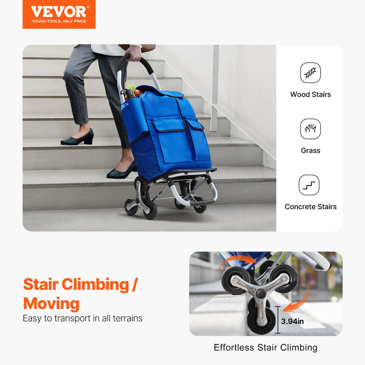 Stair Climbing Cart Poussette Pliante, Argent + Bleu marine pour véhicule et déplacements – vue principale