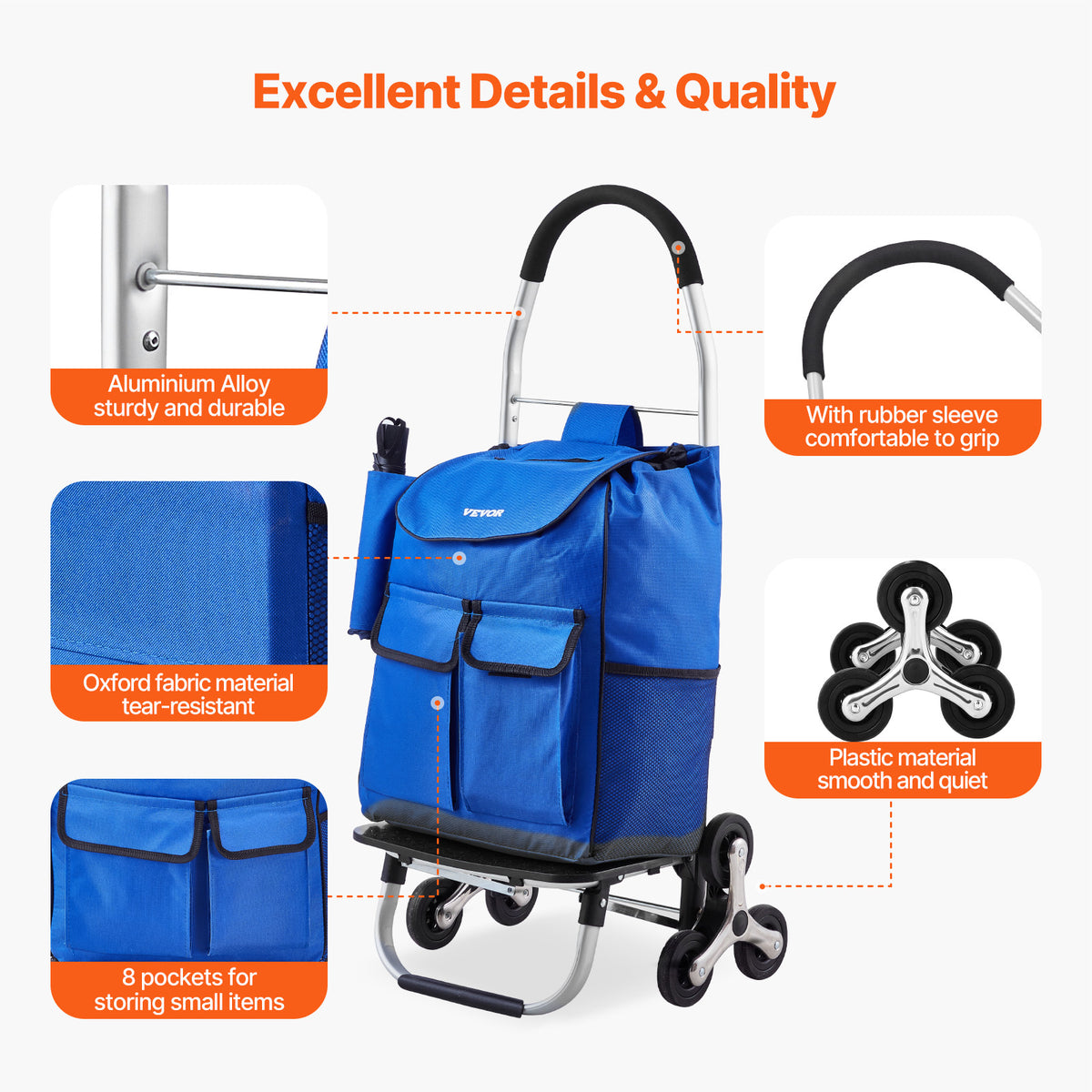 Stair Climbing Cart Poussette Pliante, Argent + Bleu marine pour véhicule et déplacements – vue détaillée 5
