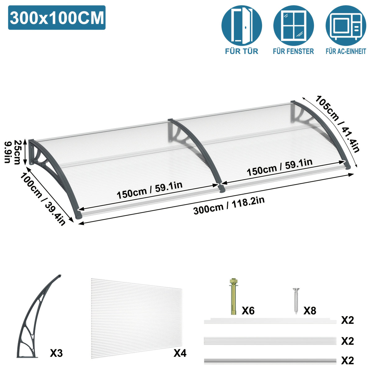 Store banne, 300×100cm pour jardin et balcon – vue détaillée 7