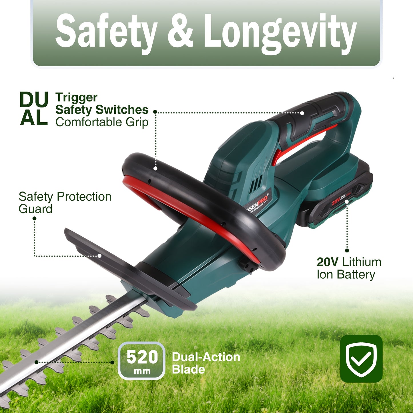Taille-haie sans fil POSENPRO, 52 cm pour jardin et terrasse – vue détaillée 3
