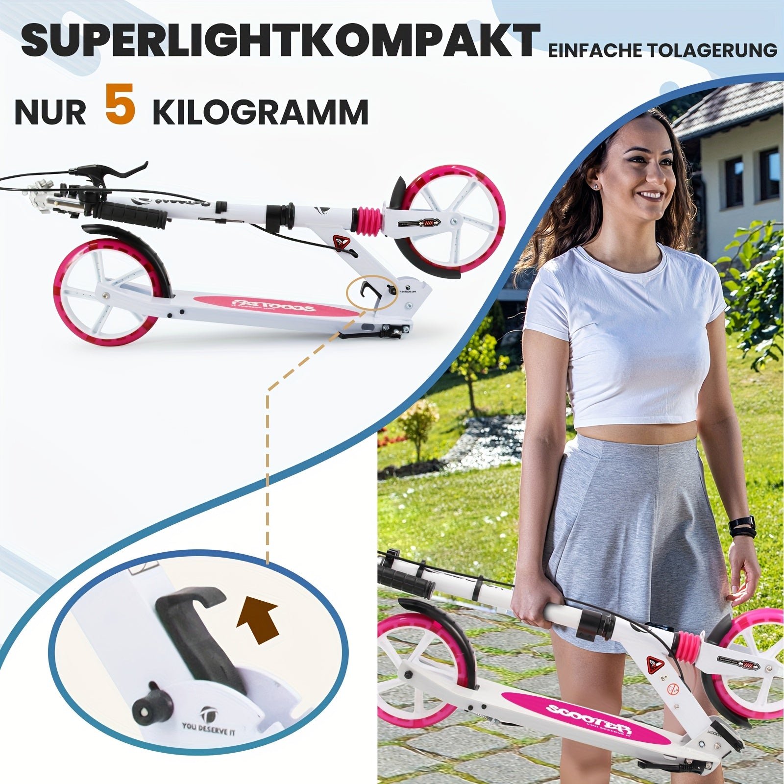 Trottinette Adulte Pliable Haute Sécurité, Blanc pour quotidien et maison – vue détaillée 2
